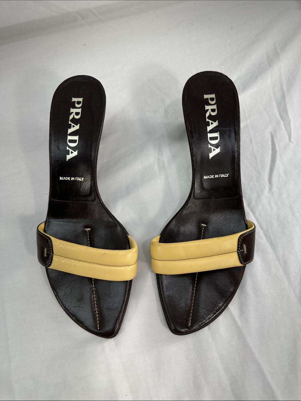 Vintage Prada Leather Mules Kitten Heel Sz 36 US 6 Brown/Tan Slip On Sandals
